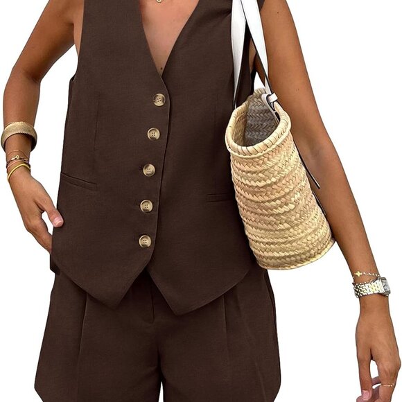 Tops - Stylish Sleeveless Vest and Shorts Set for Elegant Summer Days - Dark Coffee
